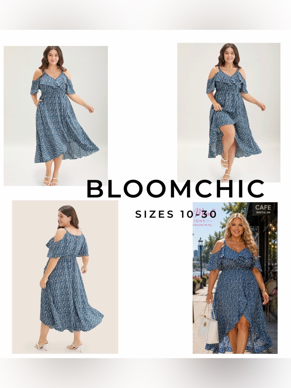 BloomChic Blue Cold-Shoulder High-Low Wrap Dress